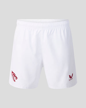White athletic shorts with an elastic waistband, featuring a red striped horse logo on the left leg and a red winged logo with 'CASTORE' text on the right leg, shown against a solid gray background.