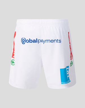 White athletic shorts featuring the blue 'globalpayments' logo on the front, red vertical text on the sides, a green circular logo, and a blue 'Lad' patch near the hem, shown against a neutral gray background.