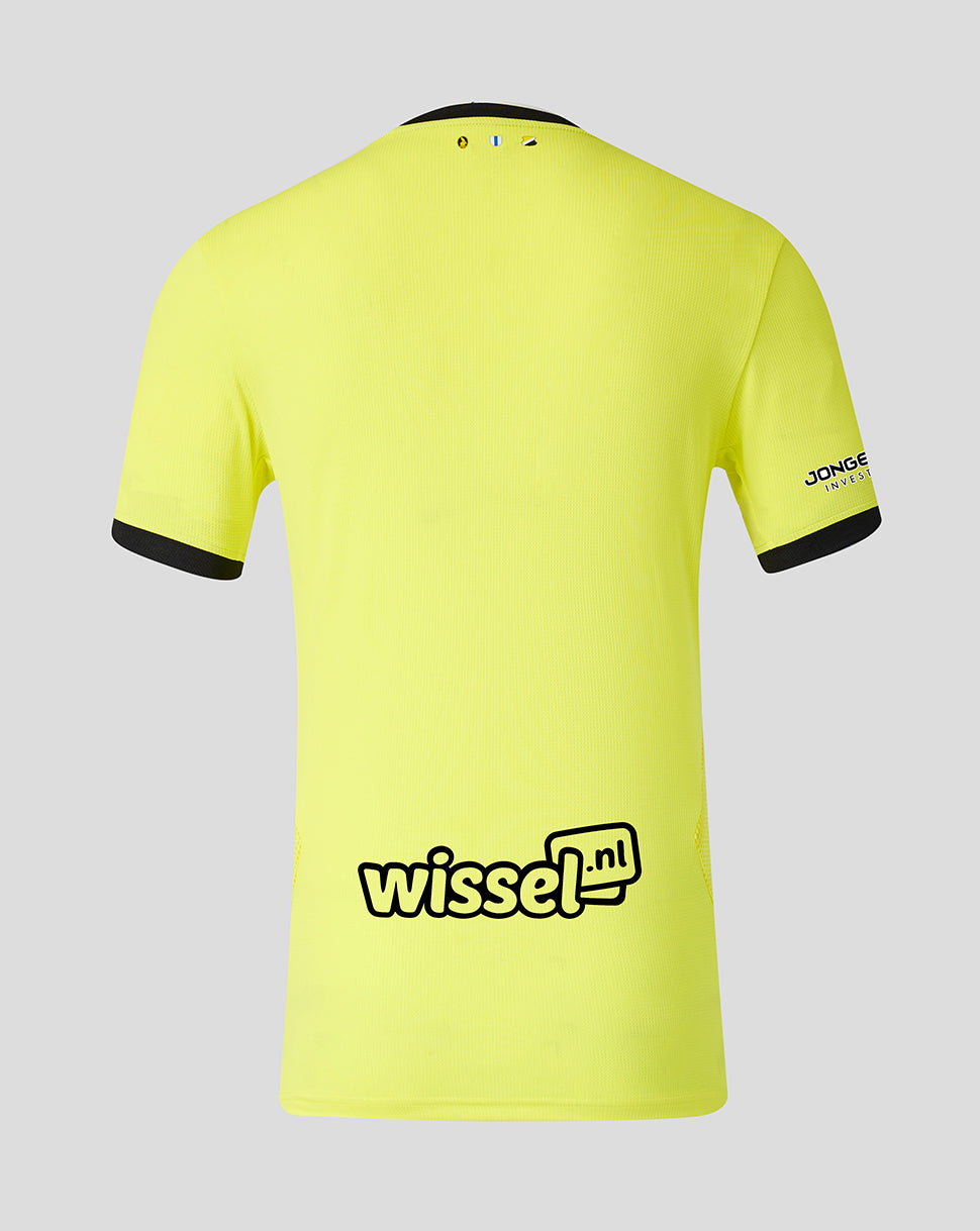 Back view of neon yellow FC Utrecht away goalkeeper shirt with black sleeve cuffs and wissel.nl across the lower back