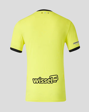 Back view of neon yellow FC Utrecht away goalkeeper shirt with black sleeve cuffs and wissel.nl across the lower back
