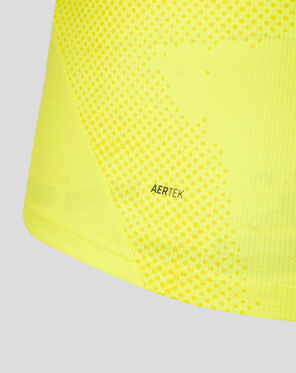Close up of neon yellow FC Utrecht away goalkeeper shirt fabric with dotted texture and AERTEK label