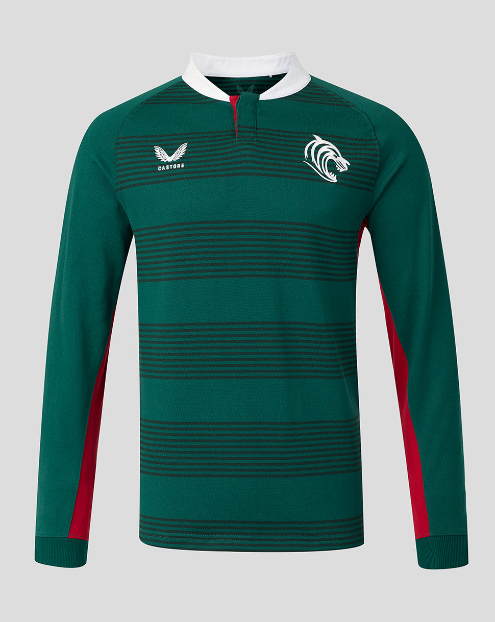 A dark green long-sleeve rugby jersey with horizontal dark stripes, a white collar, red side panels, and white logos on the chest, displayed on a neutral gray background.