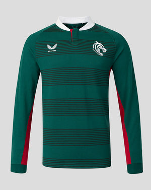 A dark green long-sleeve rugby jersey with horizontal dark stripes, a white collar, red side panels, and white logos on the chest, displayed on a neutral gray background.