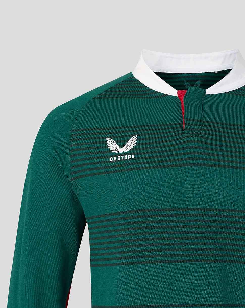 Close-up of a green long-sleeve rugby shirt with thin dark horizontal stripes, a white collar, a red inner placket, and a white Castore wing logo on the chest.