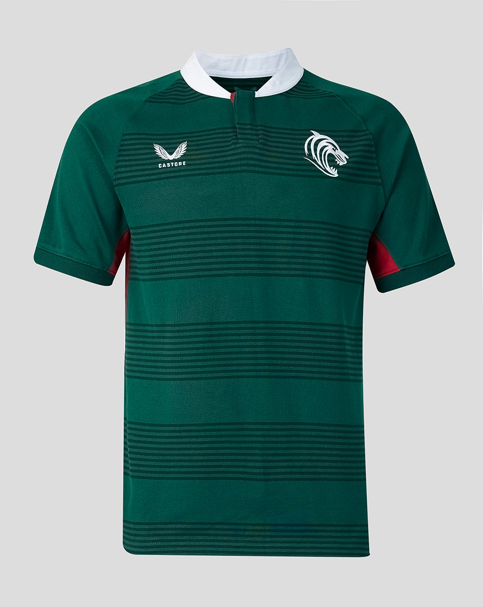 A dark green rugby jersey with horizontal dark green stripes, a white collar, and white chest logos, shown on a neutral gray background.