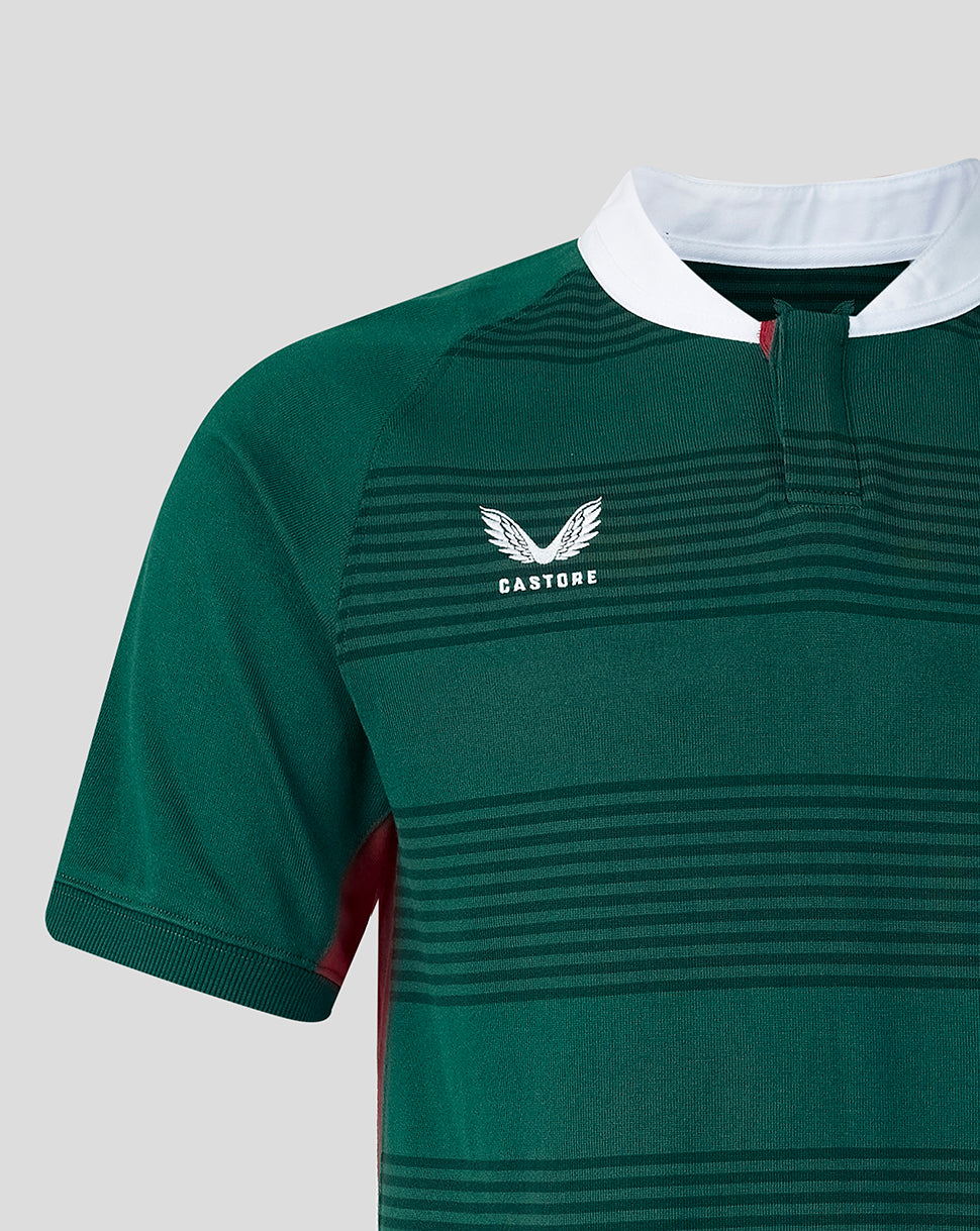 Close-up of a green short-sleeve rugby jersey with horizontal dark green stripes, a white collar, and a white Castore wing logo on the chest.