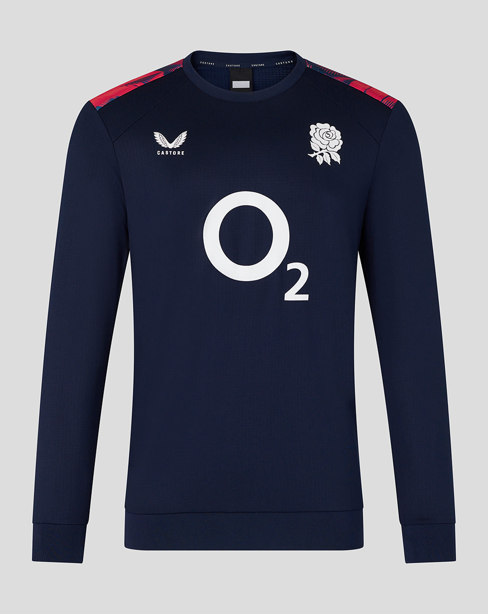 Navy blue rugby sweatshirt with white logo and text on a gray background