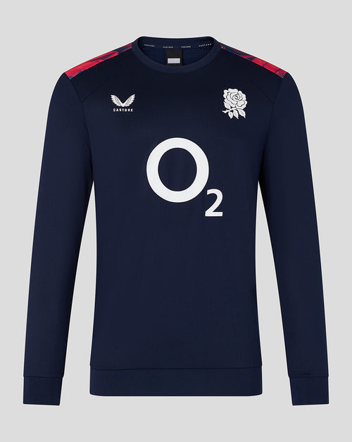 Navy blue rugby sweatshirt with white logo and text on a gray background