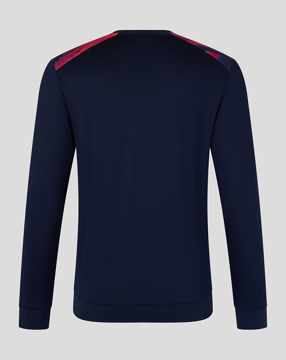 Navy blue sweatshirt with red accents on a light gray background