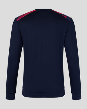 Navy blue sweatshirt with red accents on a light gray background