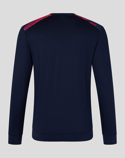 Navy blue sweatshirt with red accents on a light gray background