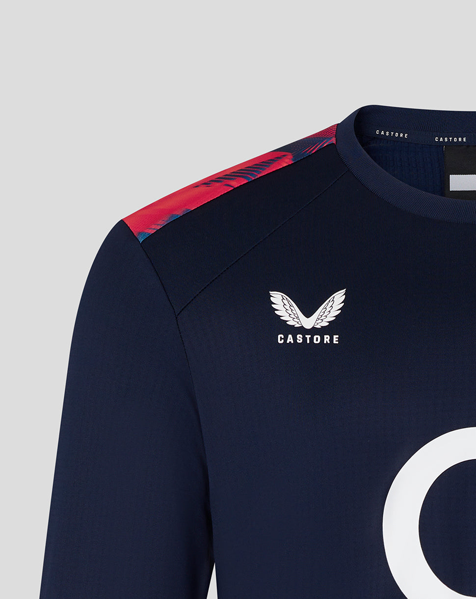 Navy sports jersey with red sleeve detail and Castore logo on a light gray background