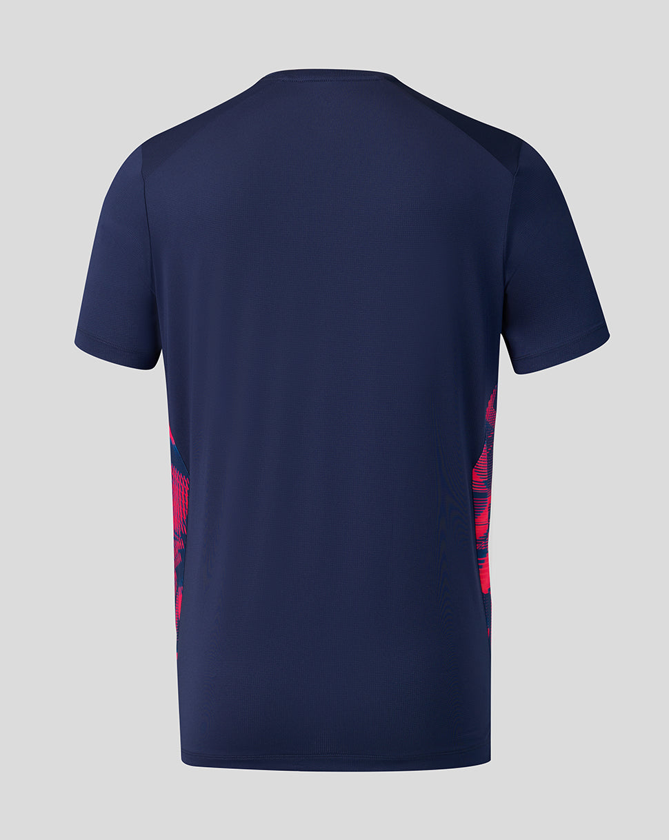 Navy blue t-shirt with red graphics on a light gray background