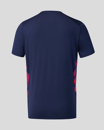 Navy blue t-shirt with red graphics on a light gray background