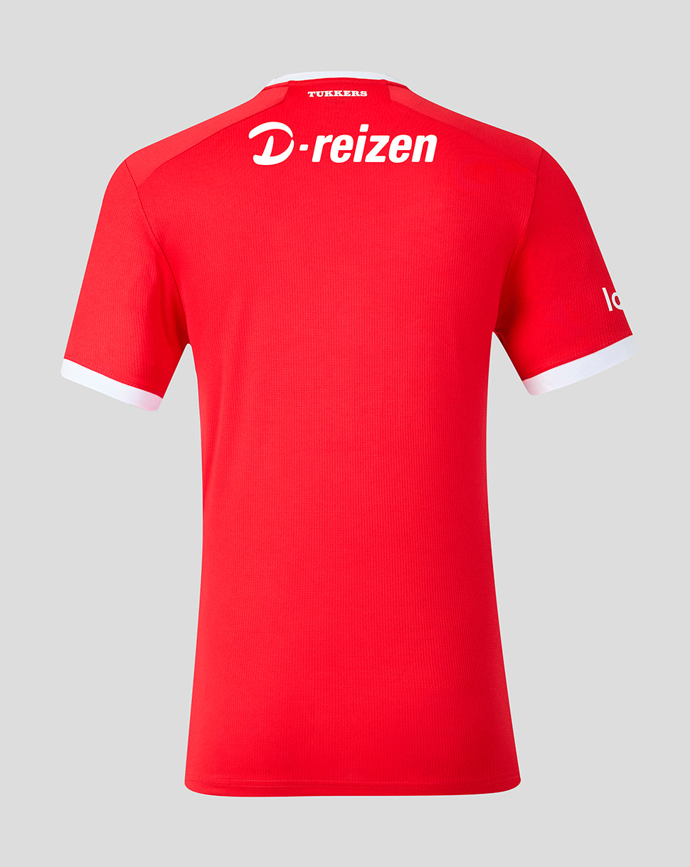 Rear view of FC Twente 26/27 home shirt in bold red with white neck trim and D-reizen logo across the upper back.