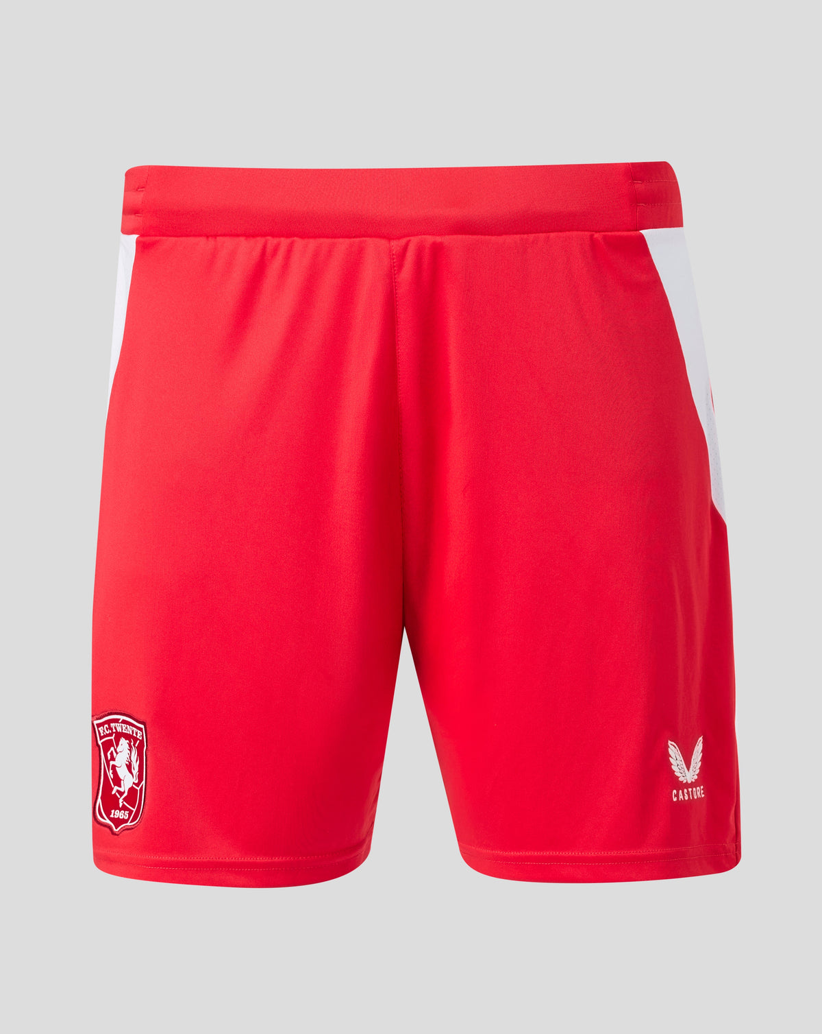 Red FC Twente home shorts with white side panels, club crest on the left leg and Castore logo on the right.
