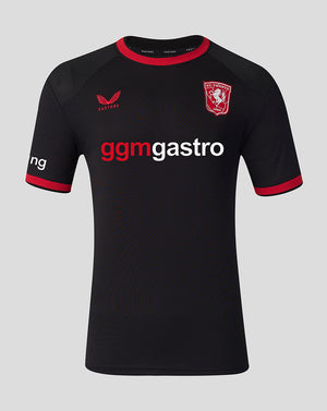 FC Twente away shirt in black with red trim, club crest on left chest and ggm gastro across the front.