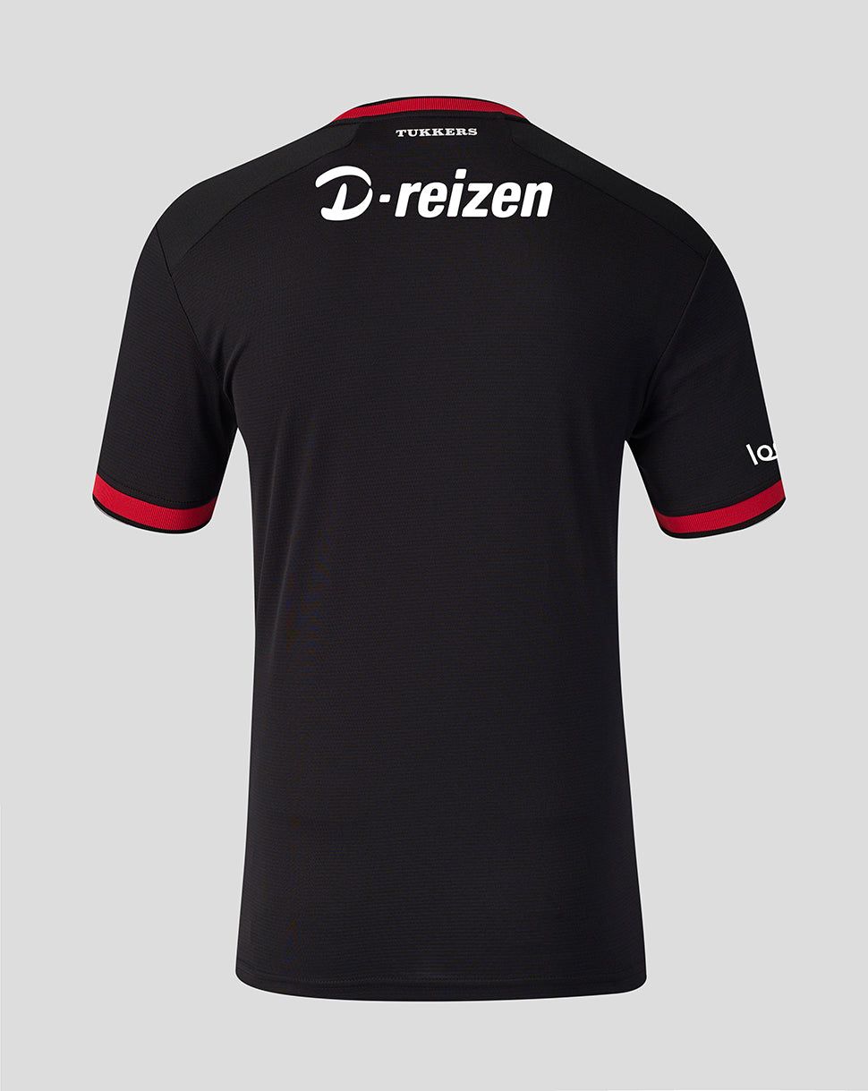 Back view of black FC Twente 26/27 away shirt with white D-reizen logo across the upper back.
