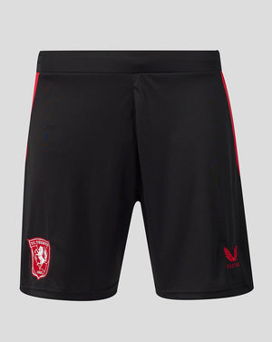 FC Twente away shorts in black with red side panels and club crest on left leg and Castore logo on right leg