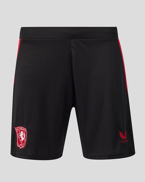 FC Twente away shorts in black with red side panels and club crest on left leg and Castore logo on right leg
