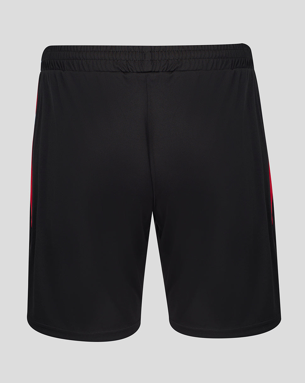 Back view of black FC Twente away shorts with a red side stripe and crest near the hem
