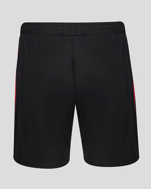 Back view of black FC Twente away shorts with a red side stripe and crest near the hem