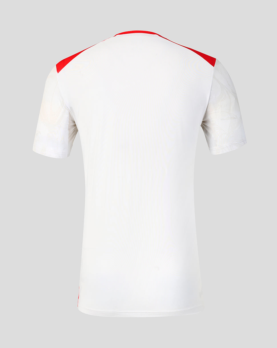 Back view of white FC Twente 26/27 matchday shirt with red shoulder accents.