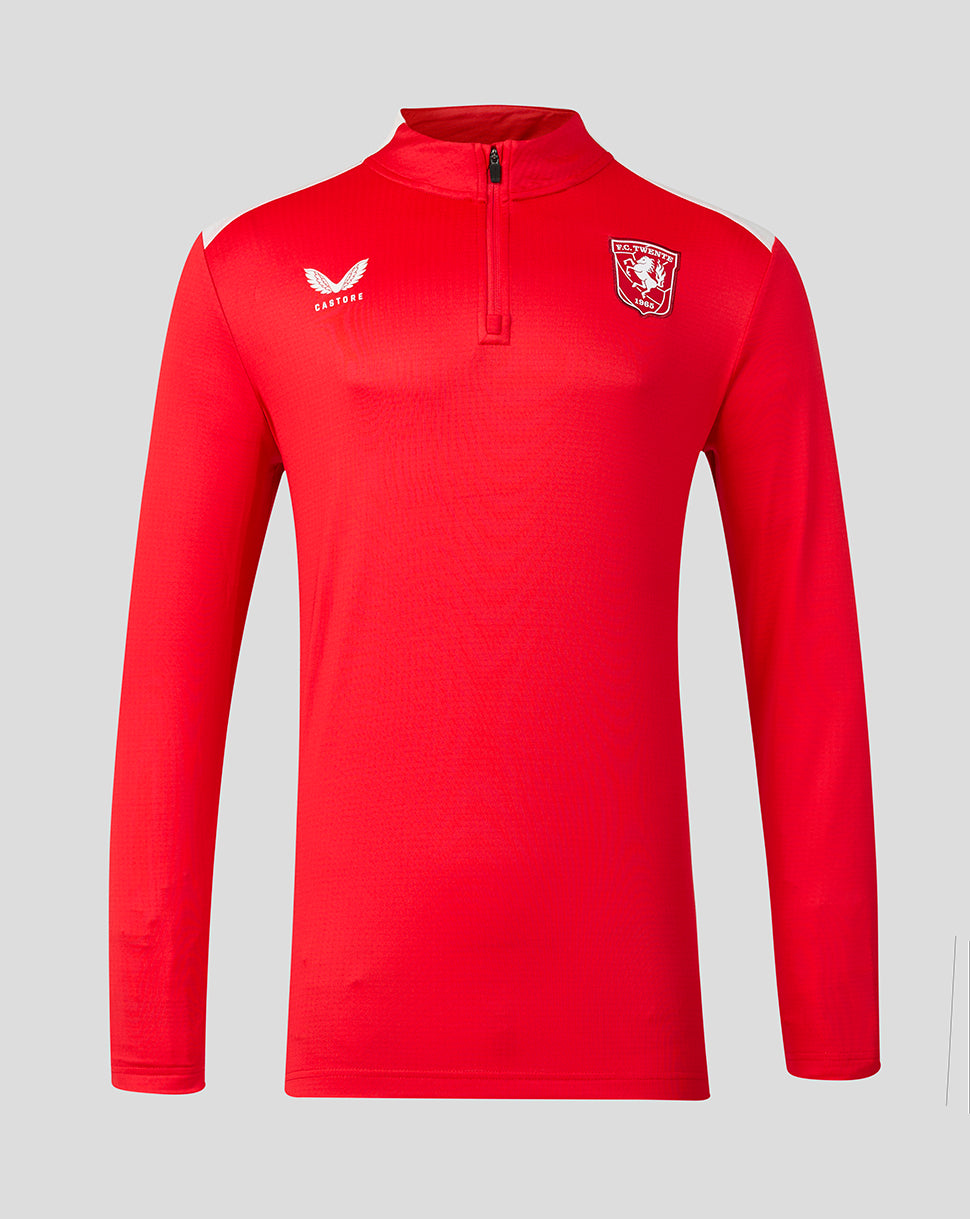 Front view of red FC Twente 26/27 Matchday Midlayer with quarter zip and white shoulder panels, crest on chest.
