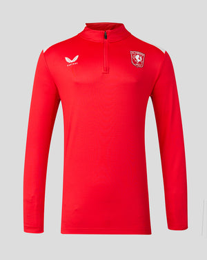 Front view of red FC Twente 26/27 Matchday Midlayer with quarter zip and white shoulder panels, crest on chest.