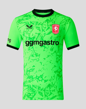 Bright green FC Twente 26/27 home goalkeeper shirt with abstract pattern and club crest on the chest.
