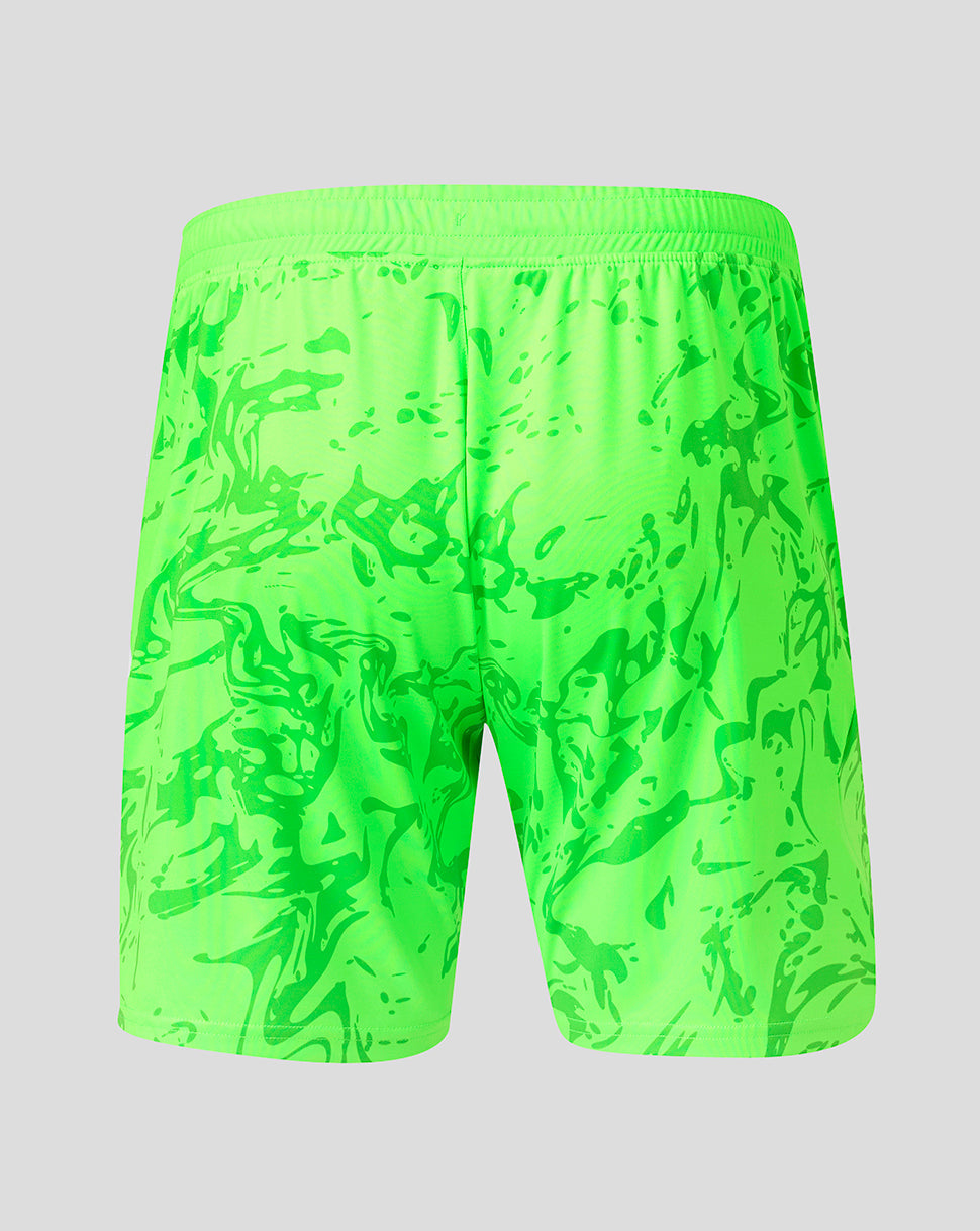 Back view of neon green FC Twente goalkeeper shorts with bold abstract pattern and elastic waistband.