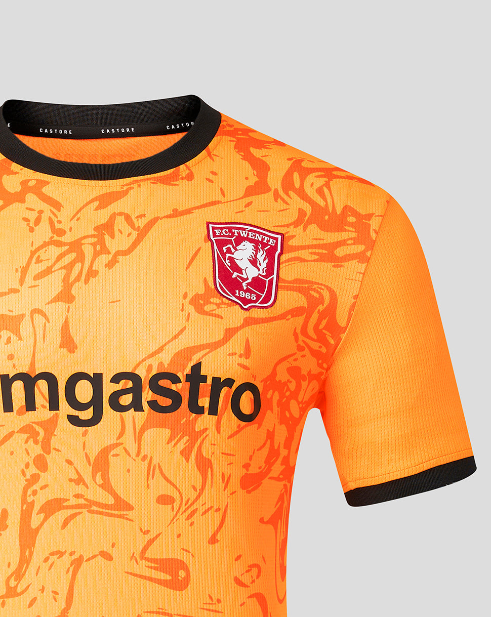 Orange FC Twente goalkeeper shirt with black collar trim and club crest on the left chest