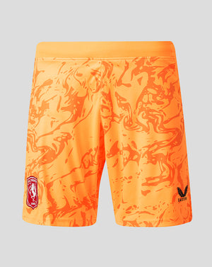 Bright orange FC Twente goalkeeper shorts with an abstract pattern, front view showing crest on left leg and Castore logo.