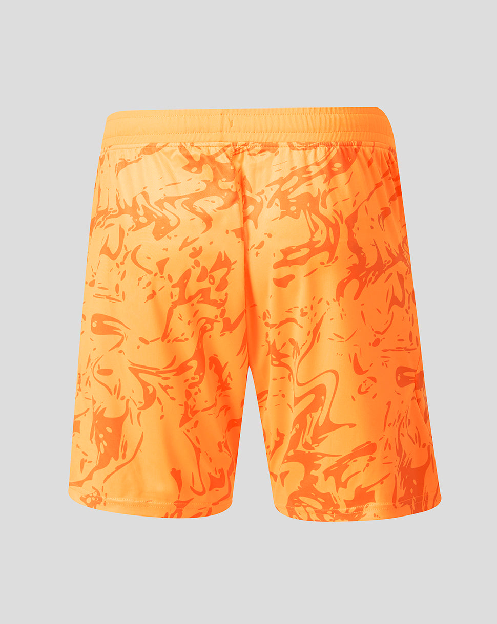 Back view of bright orange FC Twente goalkeeper shorts with an allover abstract pattern and elasticated waistband.