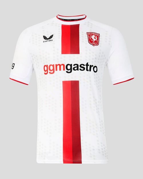White FC Twente third shirt with a bold central red stripe crest and sponsor ggm gastro across the front