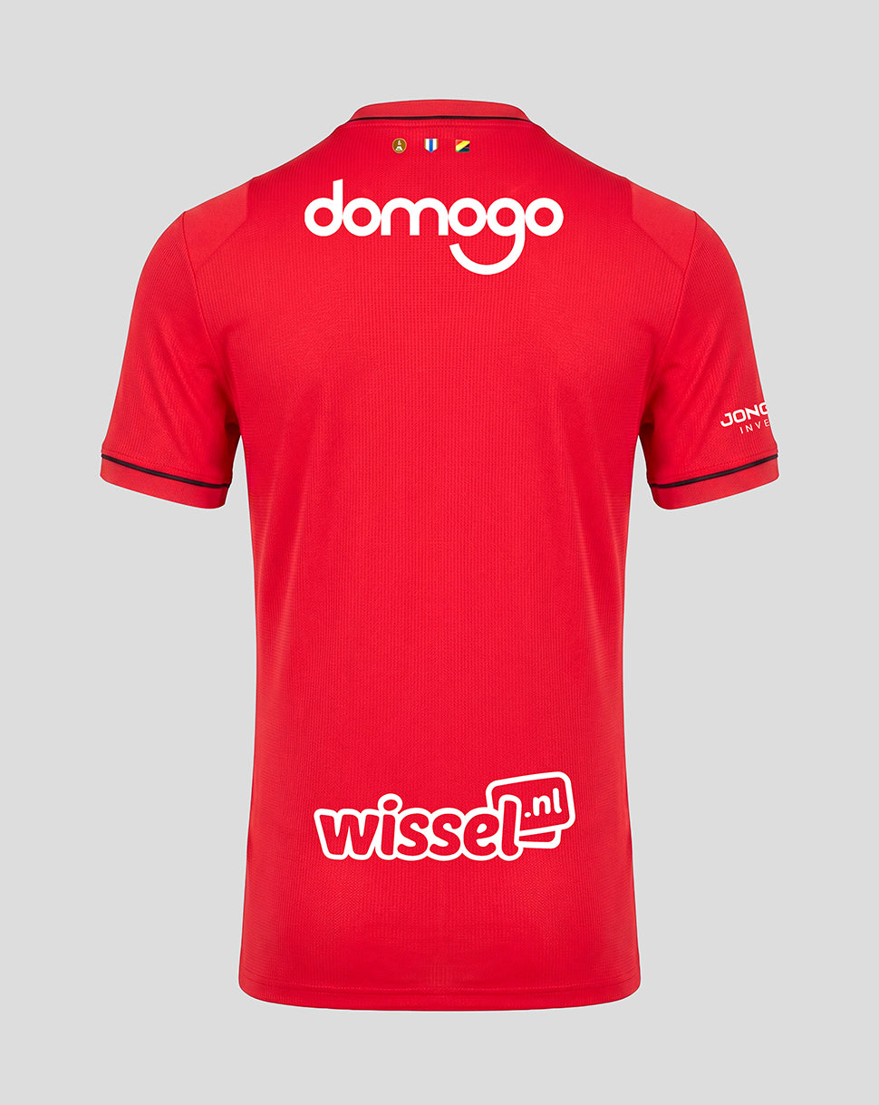 Back of FC Utrecht 26/27 home shirt in red with large domogo logo on the upper back and wissel nl sponsor on the lower back.
