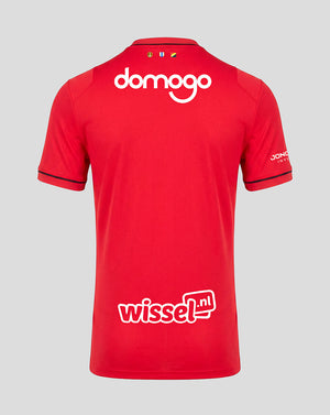 Back of FC Utrecht 26/27 home shirt in red with large domogo logo on the upper back and wissel nl sponsor on the lower back.