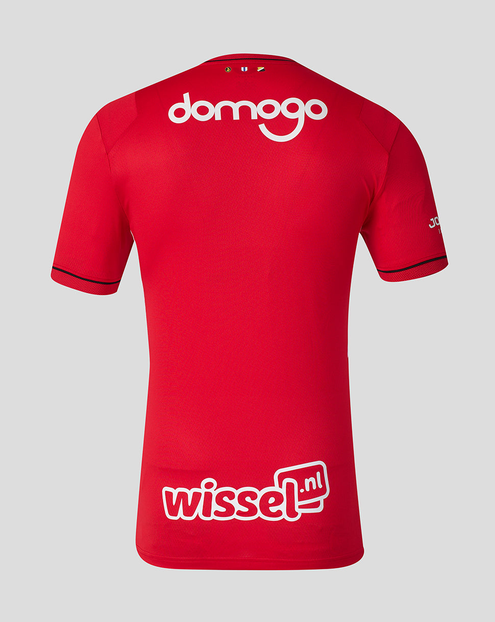 Back view of FC Utrecht Pro Home Shirt red with domogo sponsor on the upper back and wissel nl on the lower back.