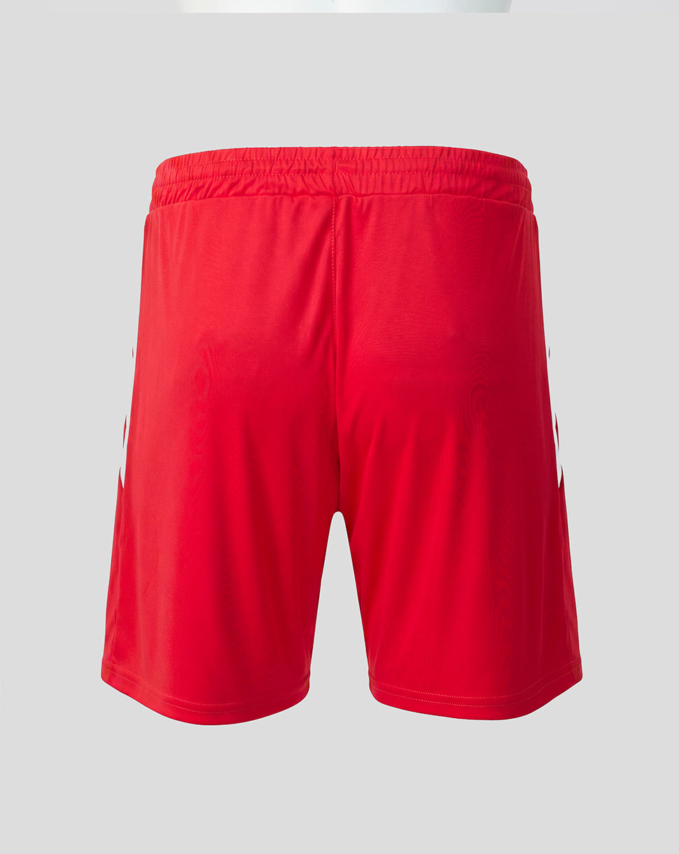 Back view of FC Utrecht red home shorts with elastic waistband and white side panels