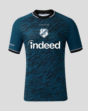 Front view of FC Utrecht 26/27 away shirt teal with tiger stripe pattern, crest, and Indeed sponsor.