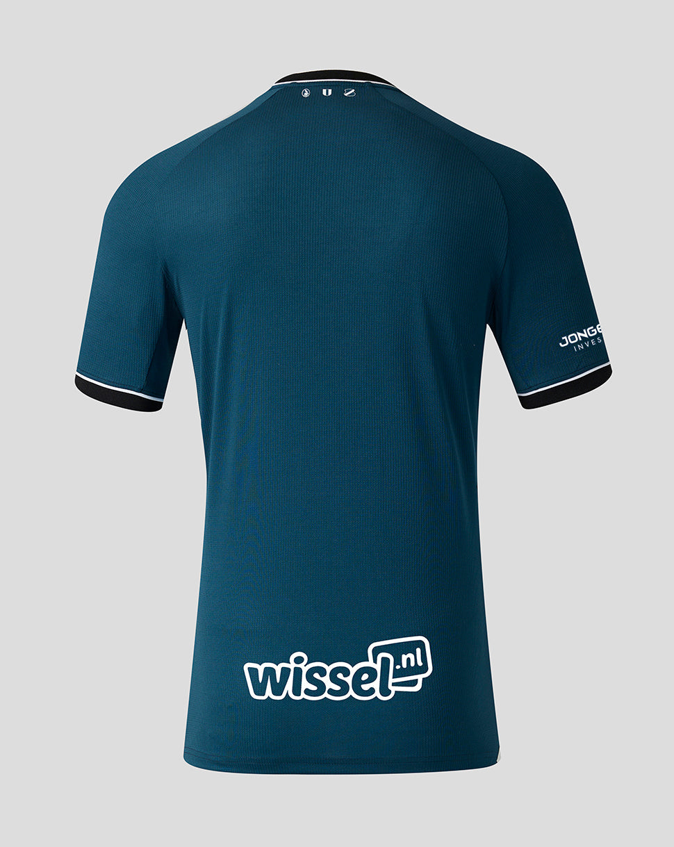 Back view of FC Utrecht 26/27 away shirt in teal with black collar trim and wissel.nl sponsor on lower back.