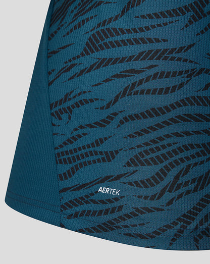 Close-up of teal FC Utrecht away shirt fabric with black tiger stripe pattern and AERTEK label near the hem.