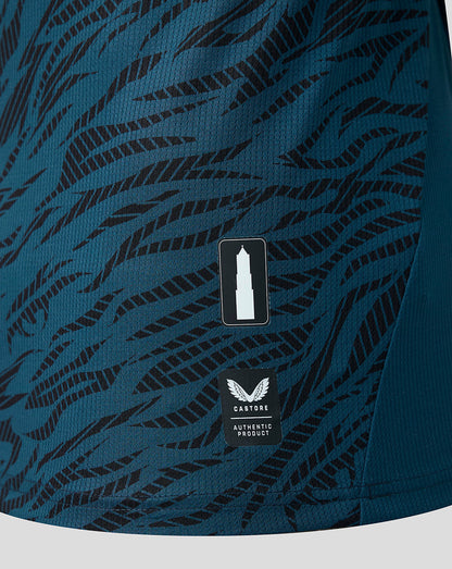 Close-up of teal away shirt showing tiger stripe pattern, FC Utrecht shield crest, and Castore authentic product patch.