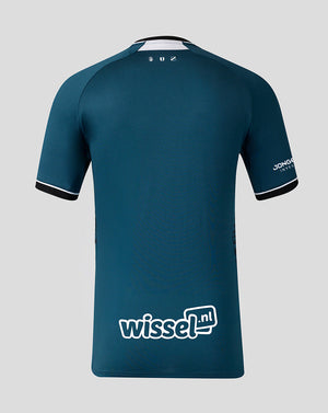 Back view of FC Utrecht away Pro shirt in teal with small neck logos and Wissel.nl sponsor on the lower back.