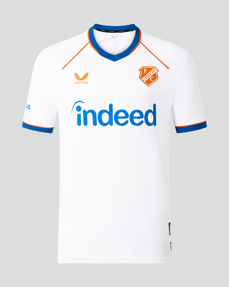 Front view of FC Utrecht white 26/27 third shirt with blue orange trim, crest on left chest and large Indeed sponsor across the front.