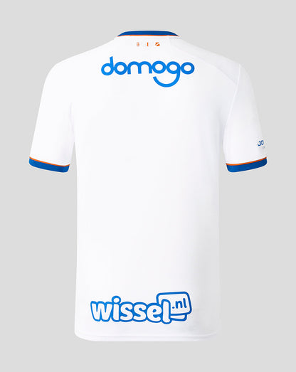Back view of FC Utrecht white 26/27 third shirt with bold blue domogo logo across the upper back and blue orange collar trim.
