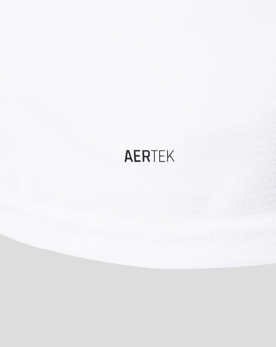 Lower side of white FC Utrecht shirt featuring the AERTEK branding on knit fabric near the hem