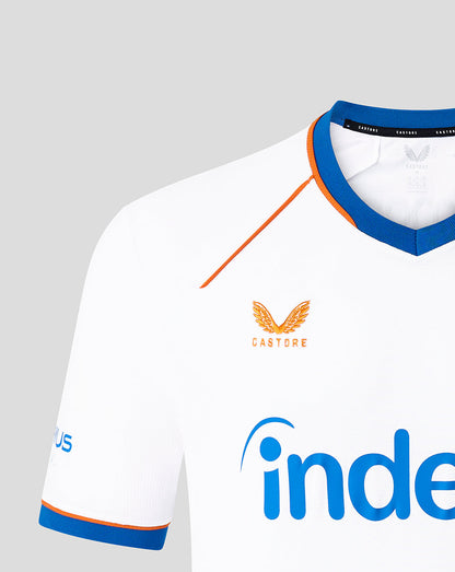 Close-up of FC Utrecht third shirt front showing white fabric blue collar orange piping and orange Castore emblem with part of the Inde sponsor