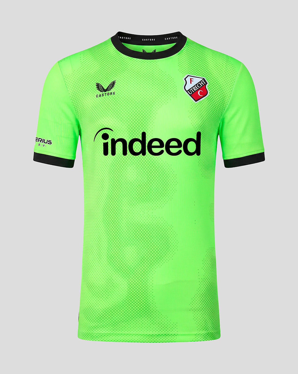 Neon green FC Utrecht 26/27 home goalkeeper shirt with black collar trim and Indeed sponsor across the chest.