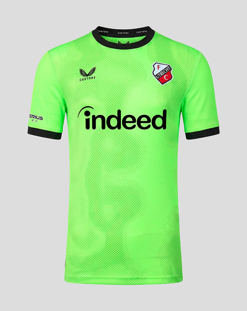 Neon green FC Utrecht 26/27 home goalkeeper shirt with black collar trim and Indeed sponsor across the chest.